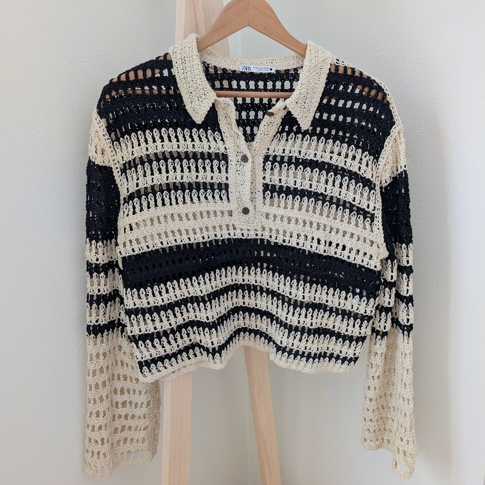 Zara Crochet Open Knit Striped Collared Henley Top In Black/Ivory - Picture 4 of 11